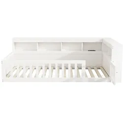 OKWISH Daybett aus Spanplatte und MDF in Weiß, 90x200 cm, mit Lattenrost, Stauraumfach, Steckdose und USB