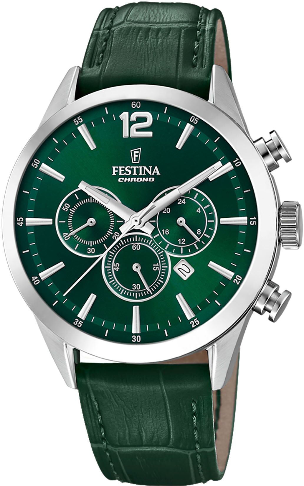 Chronograph FESTINA "Timeless Chronograph", grün (dunkelgrün, grün), Armbanduhren, Herren, silberfarben, Chronograph, Quarzuhr, Armbanduhr, Herrenuhr, Lederarmband, Datum,Stoppfunktion