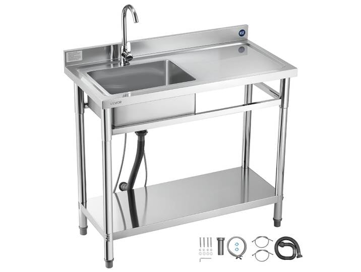 Vevor Evier Cuisine Utilitaire En Acier Inoxydable\, Evier Professionnel Autoportant A Cuve Unique Gauche\, Avec Robinet\, Tuyau Deeau Chaude Et Froide Pour Garage\, Restaurant\, Buanderie\, 100x50x94 Cm