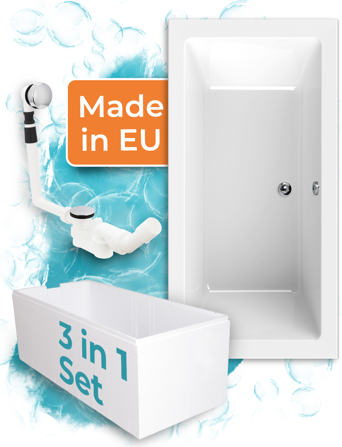 Calmwaters Acryl Premium Badewanne Komplettset 190x90 cm - EU - mit Wannenträger & Ablaufgarnitur - Duo-Badewanne 2 Personen