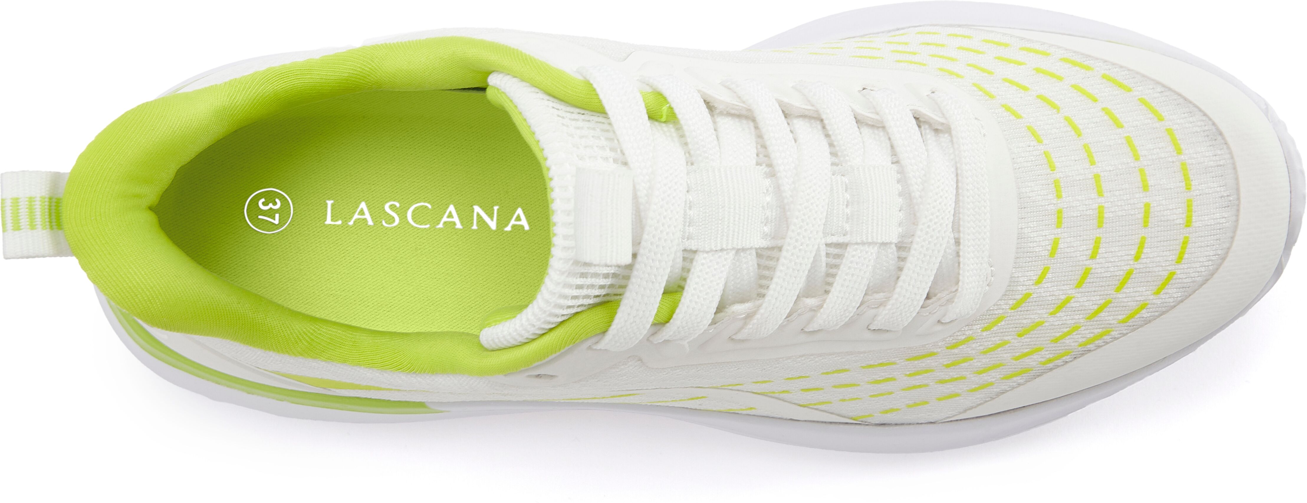 Sneaker LASCANA "Halbschuh, Schnürschuh, Freizeitschuh, Turnschuhe", Damen, Gr. 36, grün (weiß, lime), Obermaterial: 100% Textilmaterial. Decksohle: 100% Textilmaterial. Futter: 100% Textilmaterial. Laufsohle: 100% Synthetik, kontrastfarbene Details, mehr