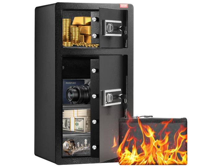 VEVOR Coffre-fort avec porte-monnaie ignifuge\, coffre-fort à double porte de 5\,5 pieds cubes\, 2 cloisons réglables en hauteur\, coffre-fort numérique pour meubles avec clé\, code\, coffre-fort pour argent\, bijoux et objets de valeur\, noir