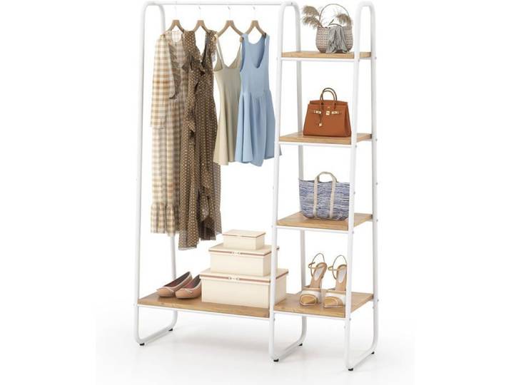 GOPLUS Penderie Portant à Vêtements-avec Tringle de Suspension et 5 Étagères-Porte-Vêtements Léger Autoportant en Métal Blanc