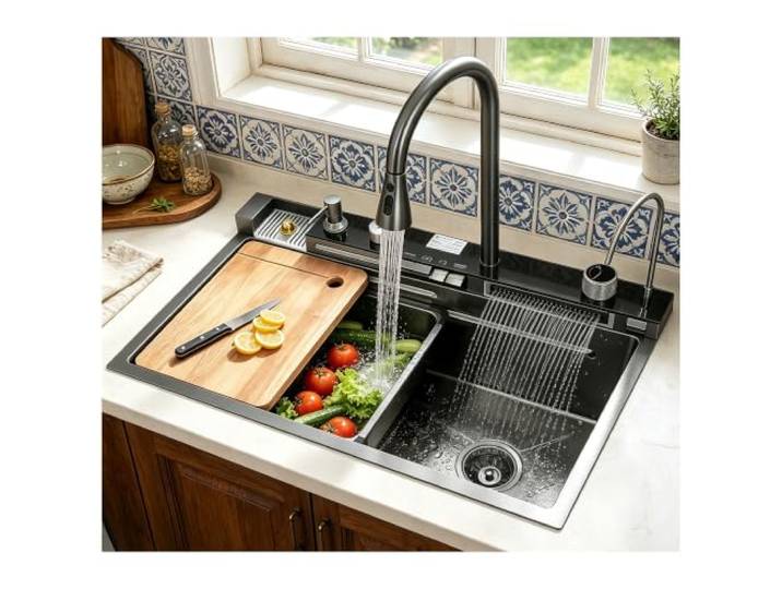 ATHOMASM Edelstahl Küchenspüle 68x46cm mit Temperaturanzeige, Nano-Beschichtung, Doppel-Wasserfall & Arbeitsplatte – Einzelbecken 1 Becken mit Ausziehbaren Wasserhahn