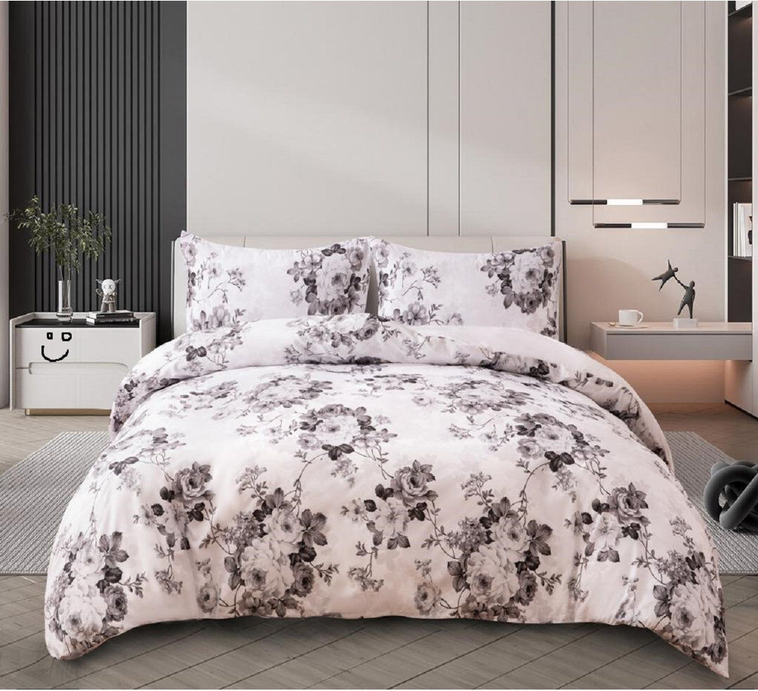 SHAZ HOME Cotton Floral Duvet Cover Set Grey Floral Super King Duvet Cover Set + 3 Additional Pieces