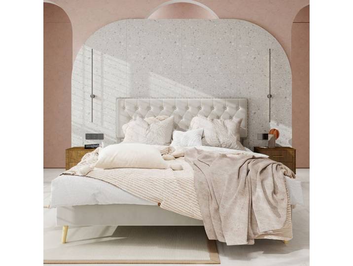 Lit double capitonné - Moderne - Velours Hollandais - Beige - 140x200cm