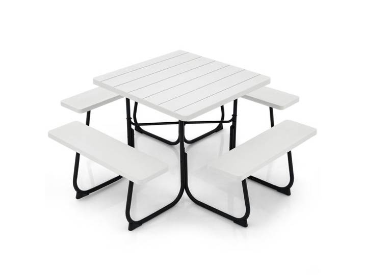 GIANTEX Ensemble Salon de Jardin -8 Personnes-Table Carrée de Pique-Nique/Jardin avec Trou de Parasol+4 Bancs-Cadre en Fer-Blanc