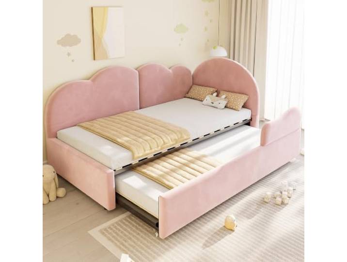 DUlVBPE Polsterbett Ausziehbares Schlafsofa in L-Form (90 * 200+90 * 190), Kopfteil in Wolkenform,Samtrosa Polsterbett Platzsparendes Design Kann als Kinderbett oder Gästebett genutzt Warden