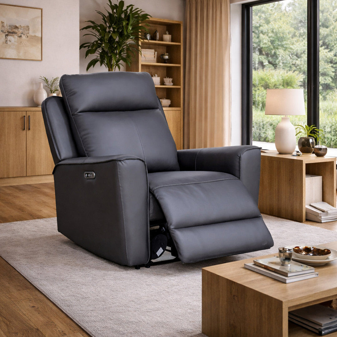 Brayden Studio Real Leather Power Recliner with USB Charging Charcoal 1