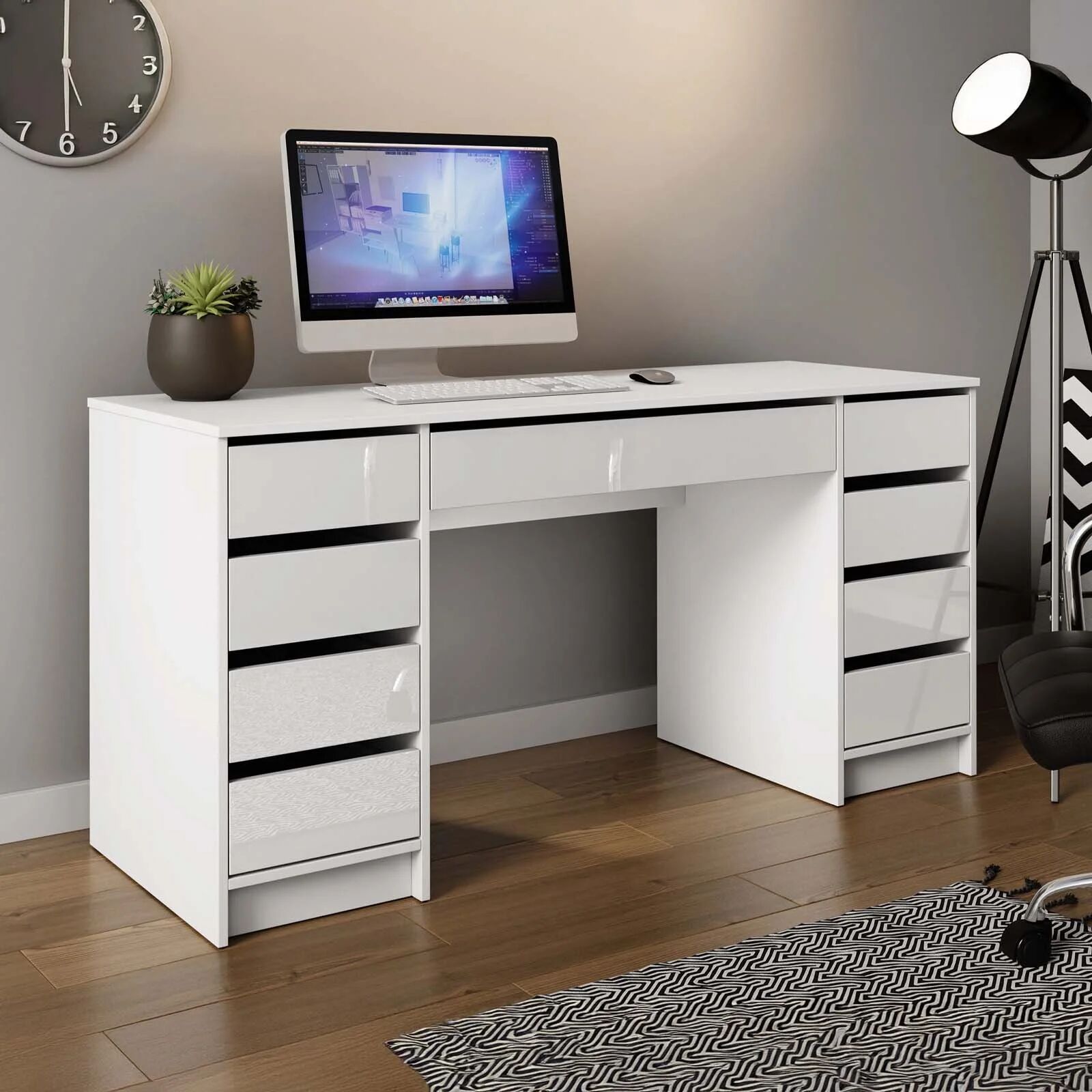 garneroarredamenti Scrivania ufficio 154x55cm 9 cassetti bianco lucido Blackpool