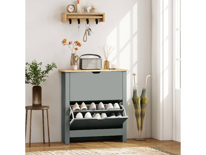 HOMCOM Meuble à Chaussures 2 Compartiments Gris 72x26x80cm