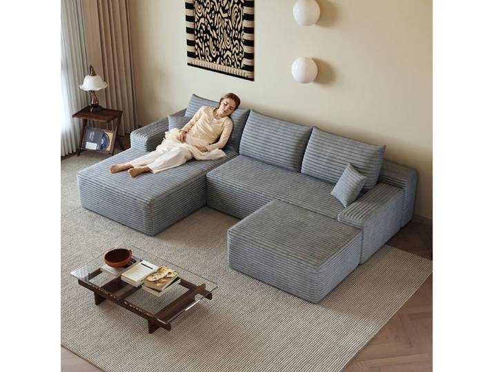 Canapé Compressé Canapé D'angle Modulable 270 Cm 4 Places Tissu Gris