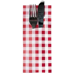 PAPSTAR 520 Bestecktaschen 20 cm x 8,5 cm rot "Vichy Karo" inkl. weißer Serviette 33 x 33 cm 2-lag.