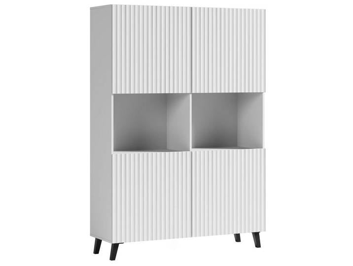 Feldmann-Wohnen Highboard Phuket Weiß, gerillt 120 / 39 / 168 cm, Weiß, Schwarz, 4 Fächer, 120x168x39 cm, Kleinmöbel, Kommoden, Highboards