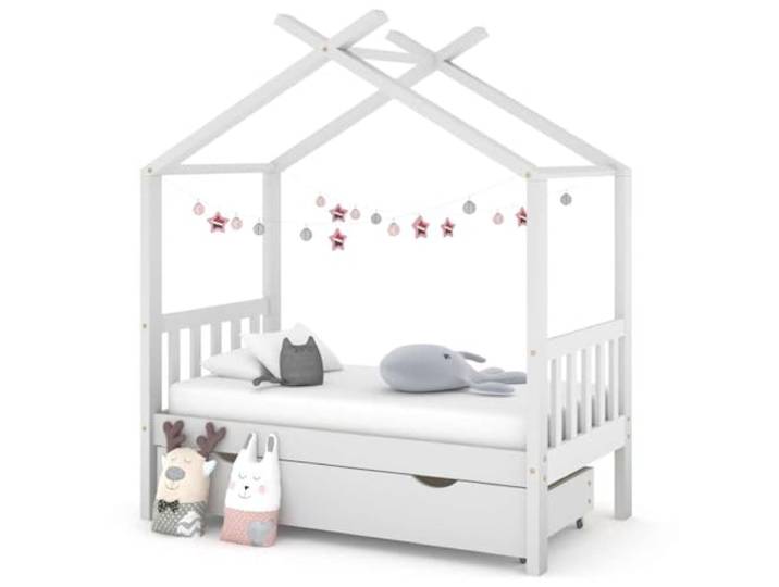KQWQERT Kinderbett mit Schublade 70x140 cm Kiefer Holz Hausbett Wei Massivholz-Struktur, Baumhaus-Optik, Inklusive Bettkasten