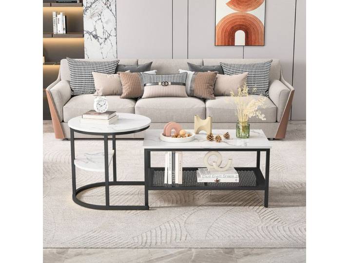Luscriate - Table basse brillant 105x50x51cm marbre 2 tables rangement salon design moderne - noir