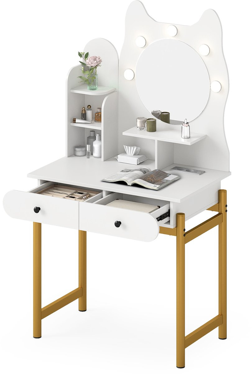 Costway Make-uptafel in kattenvorm met spiegel, verlichting en 2 laden, wit