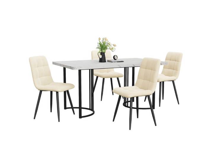 VLIVRA Ensemble Table et 4 Chaises Rembourrées - MDF Métal et Velours - Blanc et Beige