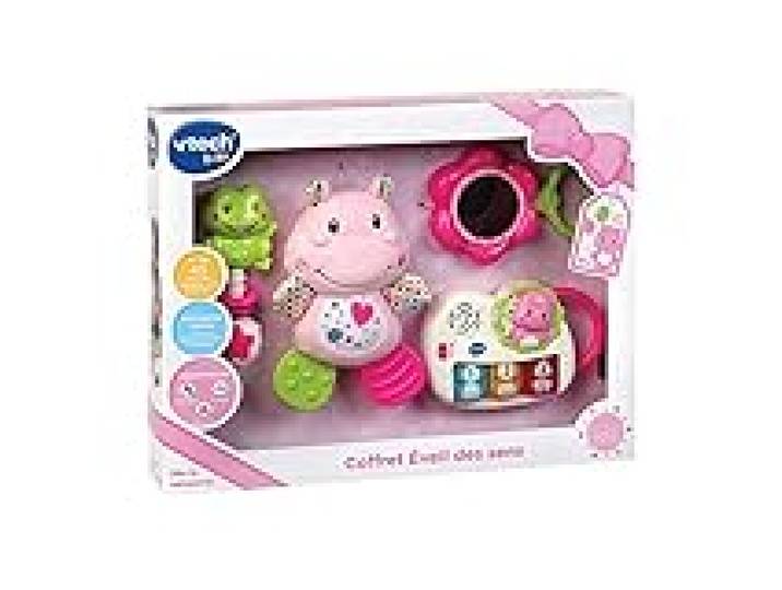 VTech - Coffret Naissance Éveil des Sens Rose, Premiers Jouets Bébé, Doudou Hippo en Peluche, Piano Lumineux et Interactif, Hochets Grenouille et Miroir, Cadeau Nouveau-Né - Contenu en Français
