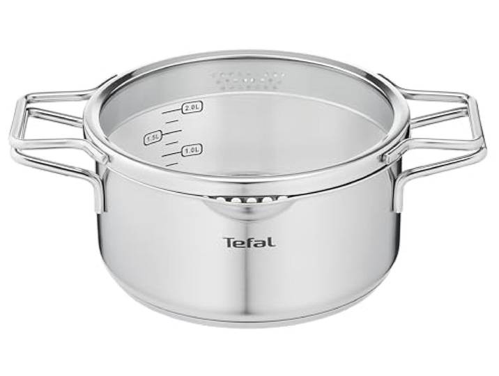 Tefal H85244 Nordica Kochtopf 20 cm mit Glasdeckel (Doppelgriffe, Edelstahl-Topf, alle Herdarten, induktionsgeeignet, robuster Boden) Edelstahl