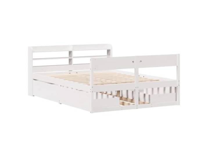 KTHLBRH Bett Weiß 160 x 200 cm Massivholz Kiefer 4 Schubladen, Kopfteil mit Ablagen, Lattenrost inklusive, selbsttragend