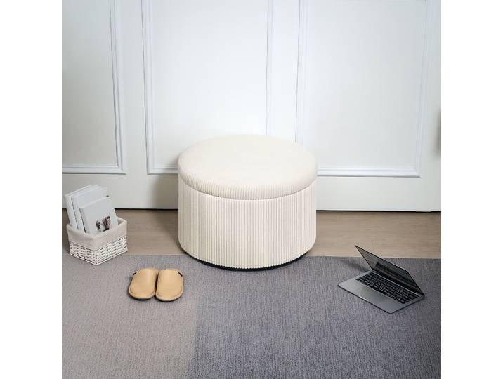 HOMCOM Pouf Rond Velours Beige Coffre Rangement Ø60 cm