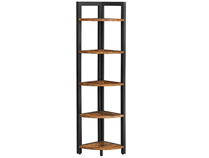 VASAGLE Eckregal mit 5 Ablagen, Bücherregal, 30 x 30 x 150 cm Aufbewahrungsregal, multifunktional, Industrie-Design, Vintagebraun-Tintenschwarz, BARNET Kollektion LLS803B01
