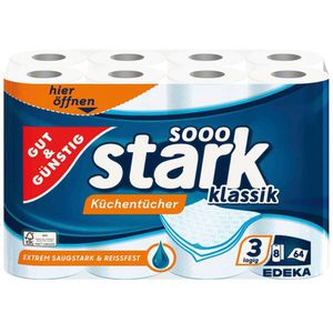 Gut&Günstig Küchenrolle sooo stark klassik, XL, Pack, 3-lagig, 64 Blatt je Rolle, Zellstoff, saugstark & reißfest, 8 Rollen