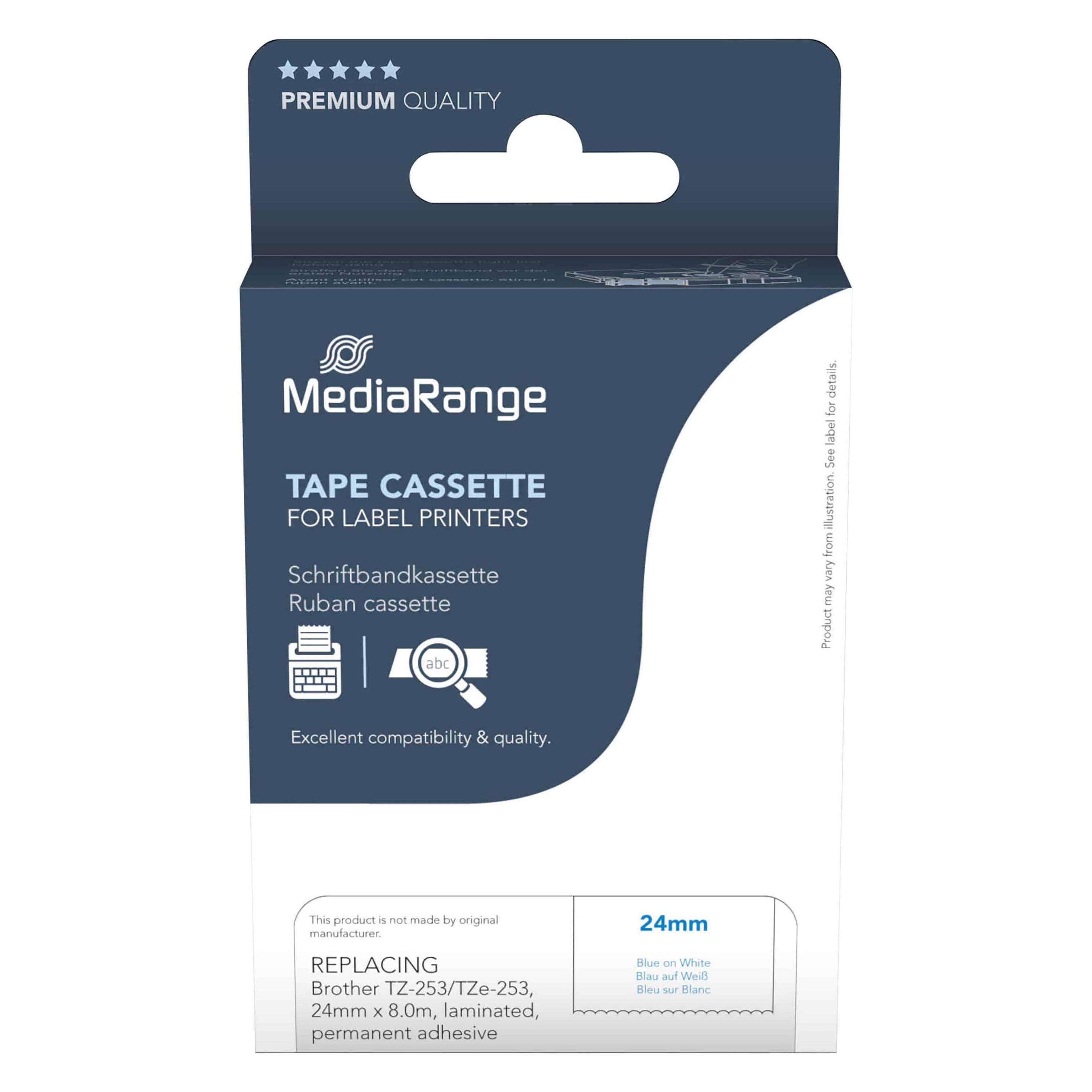 MediaRange Schriftbandkassette blau auf weiß 8m x 24mm (2.40 cm, Blau, Weiss) (MRBTZ253)