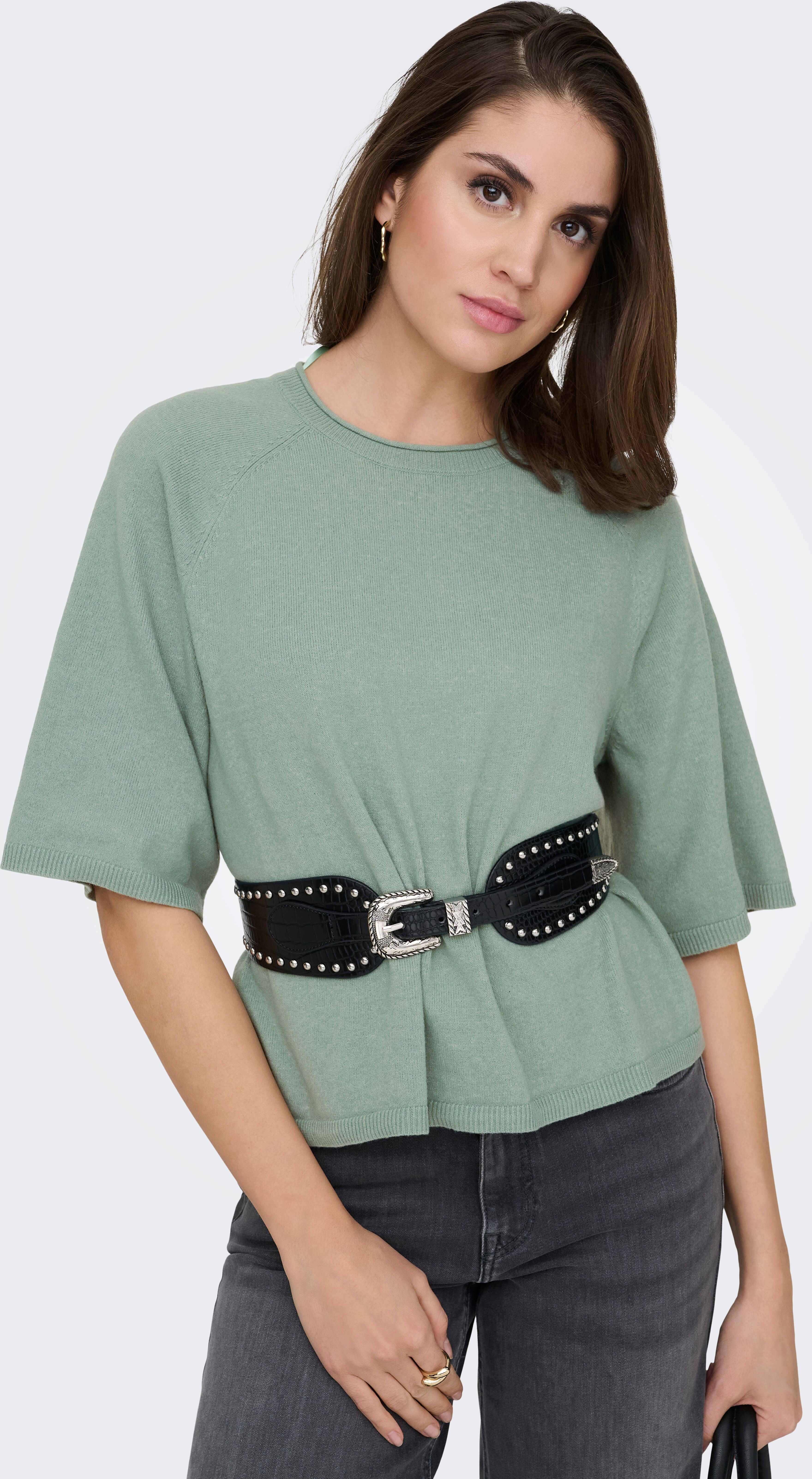 Rundhalspullover ONLY "ONLLOYAL 2/4 O-NECK KNT NOOS", Damen, Gr. XS, chinois grün detail:melange, Strick, Obermaterial: 80% Polyester, 20% Nylon, meliert, normal, Rundhals, Pullover Rundhalspullover, mit Halbarm chinois grün detail:melange XS