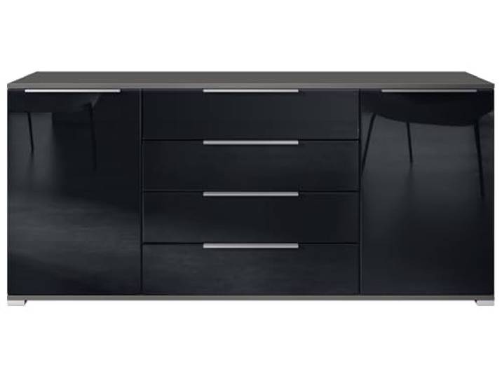Vladon Sideboard Linio V2 – Moderne Kommode mit 2 Türen & 4 Schubladen, Anthrazit matt/Schwarz Hochglanz, 166,5 x 72,5 x 35 cm (BxHxT) – Beistellschrank Anrichte Standschrank