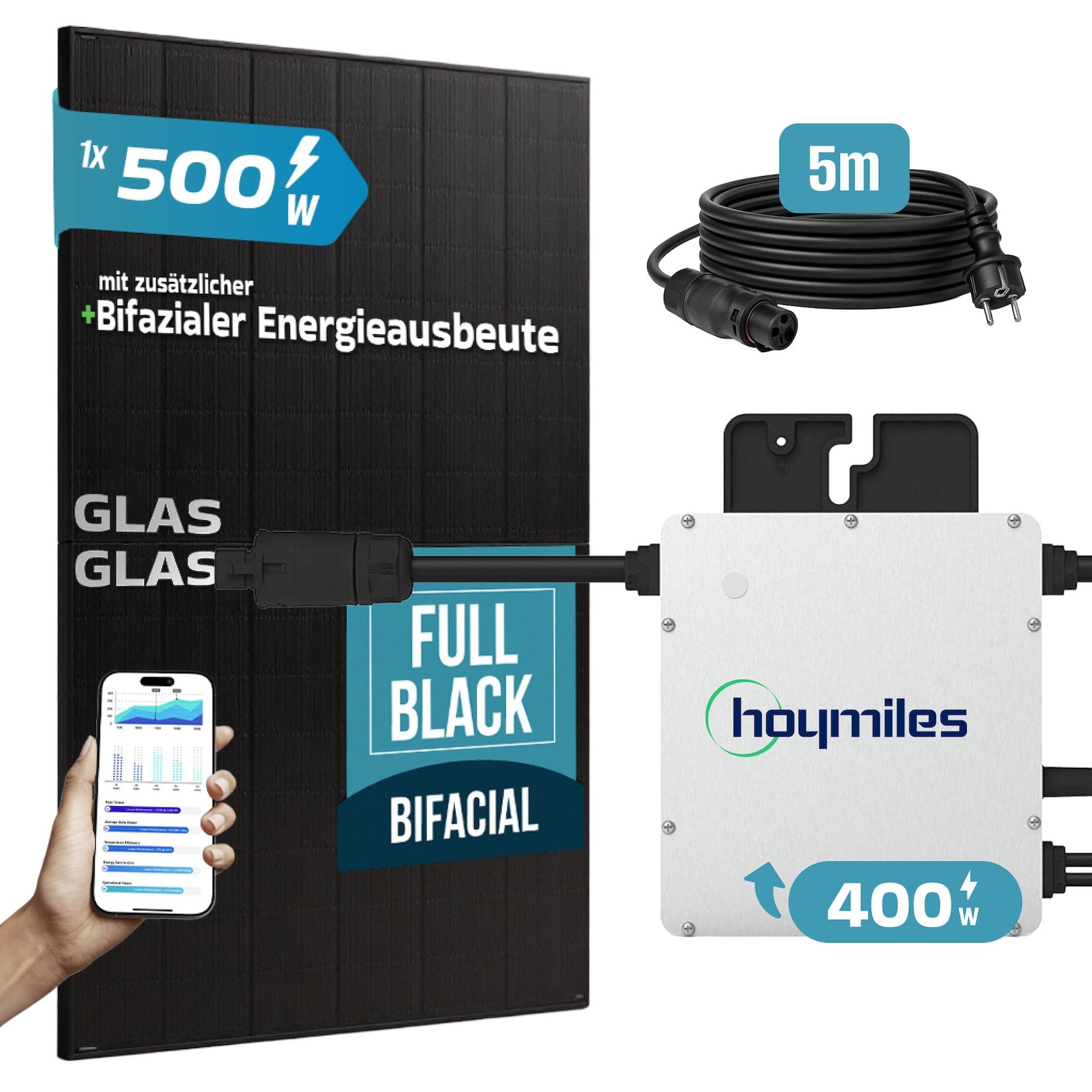 SUNNIVA® 500W Balkonkraftwerk BIFAZIAL FULLBLACK komplett Steckdose HOYMILES 400 Watt Wechselrichter, PV Solaranlage Komplettset, 1x 500W N-Type Glas Bifacial Solarmodule, 5m Kabel