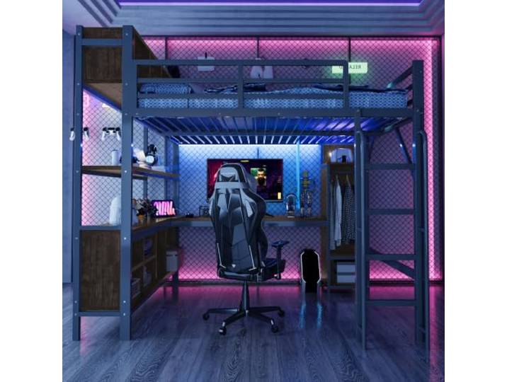 DUlVBPE Hochbett mit Schreibtisch 140 x 200 cm, Kleiderschrank, Ablagefächern, LED-Beleuchtung, Steckdosen nach europäischem Standard und hohem Sicherheitsgeländer, Schwarz