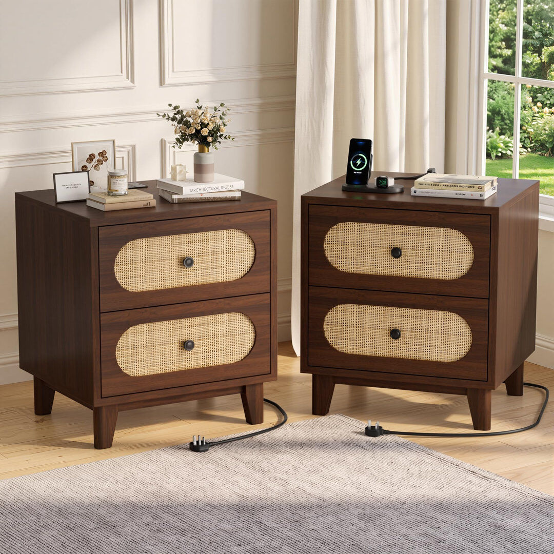 Bloomsbury Market 40 cm W Solid Wood Bedside Table Rattan 45cm H X 40cm W X 35cm D