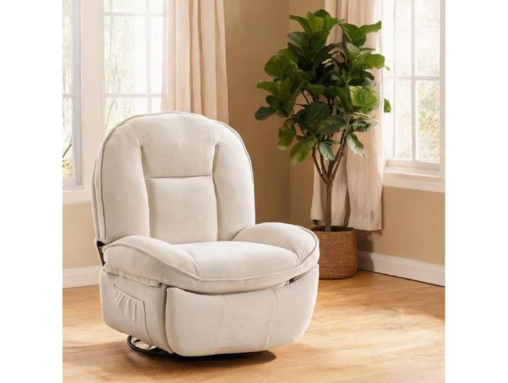 Fauteuil de relaxation pivotant 360° en chenille crème inclinaison manuelle 155° assise large 57 cm