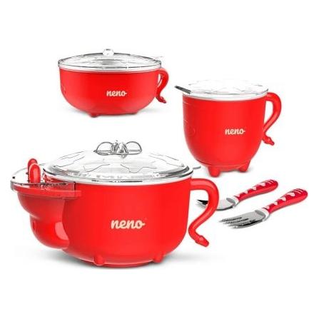 Neno MUCCA Set Thermal-Kindergeschirr, Babynahrungsbehälter, Babylöffel, Babygabel, 200ml Flasche (763012)