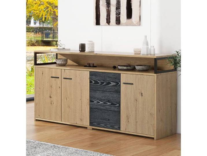 WOVREO buffet bas 150 x 35 x 75 9 cm 3 portes 3 tiroirs rangement ouvert noir et bois