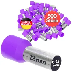Kalitec, Kabelverbindung, 500 Stück AE02512VI Aderendhülsen isoliert 0,25mm2 12mm lang violett I Made in Germany I Ind