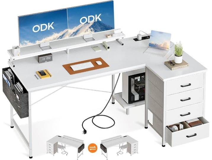 Eckschreibtisch Weiß mit Stauraum und USB-Ladeanschluss, 160x80cm