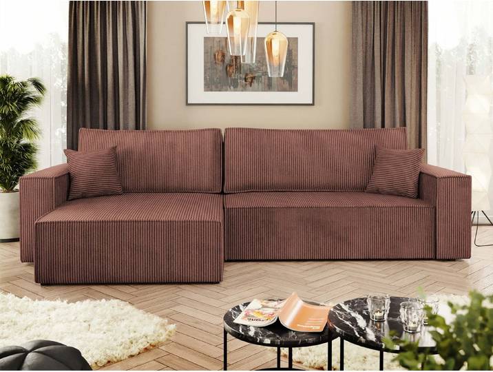 MIRJAN24 Ecksofa Karl Cord, mit Bettkasten und Schlaffunktion, Ottomane universal, Dekorative Kissen-Set