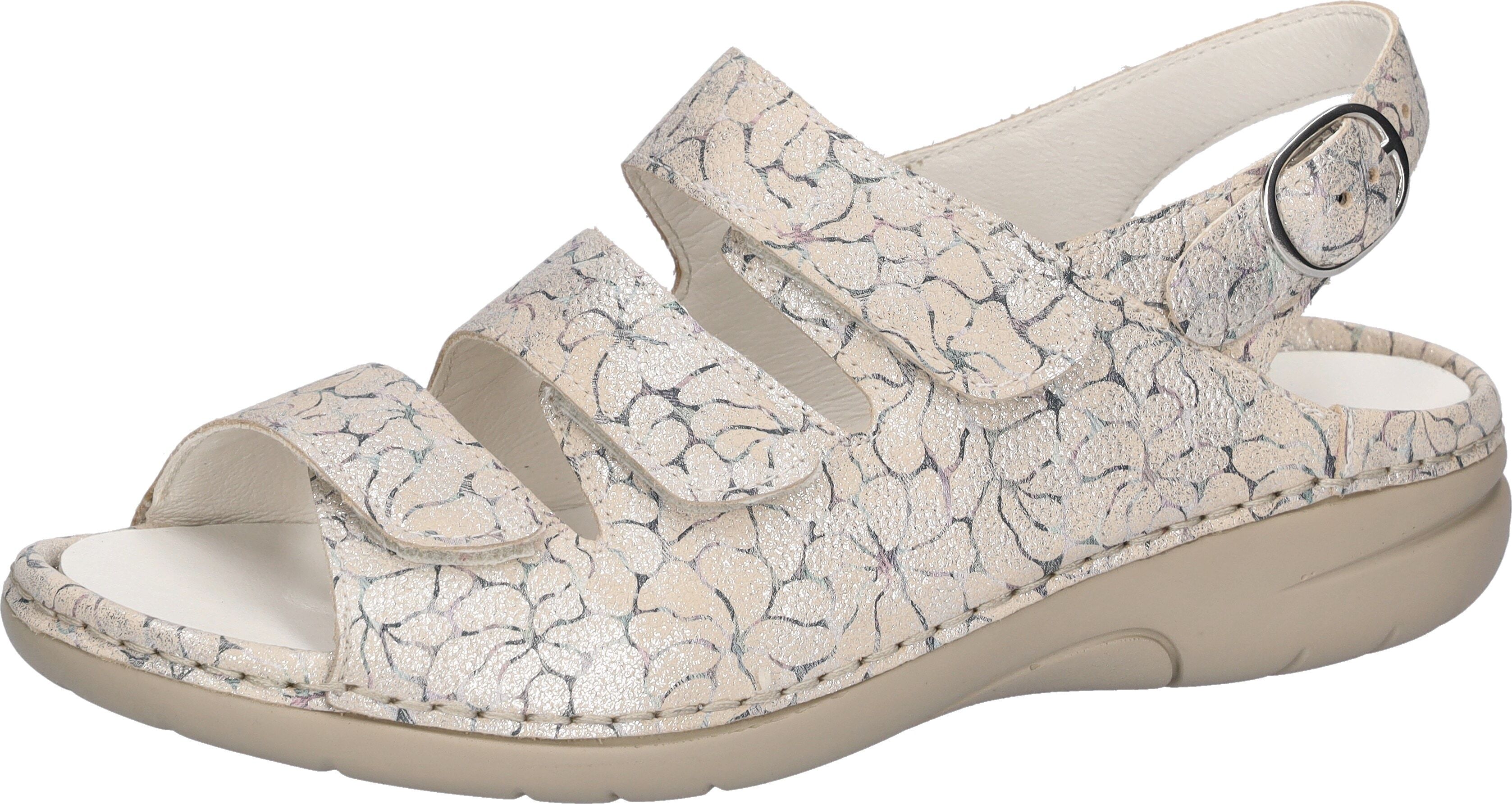 Sandale WALDLÄUFER "GUNNA", Damen, Gr. 6 (39), Leder, beige (hellbeige), Nappaleder, gemustert, metallic, Basic, Schuhe Sandale, Sommerschuh, Bequemschuh mit Klett- und Druckknopfverschluss, G-Weite hellbeige 6 (39), Leder