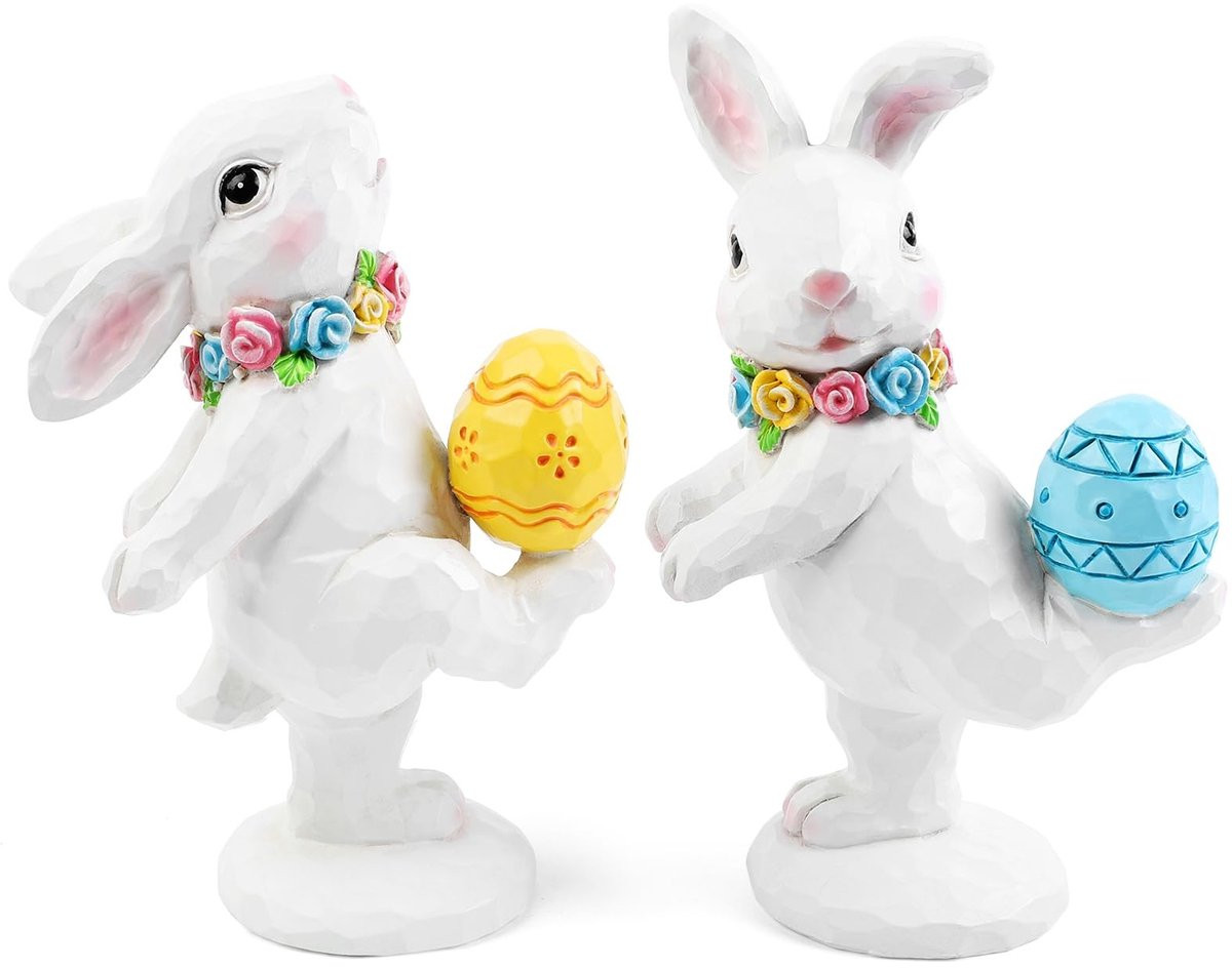 Set van 2 witte paashaas beeldjes van hars voor op tafel