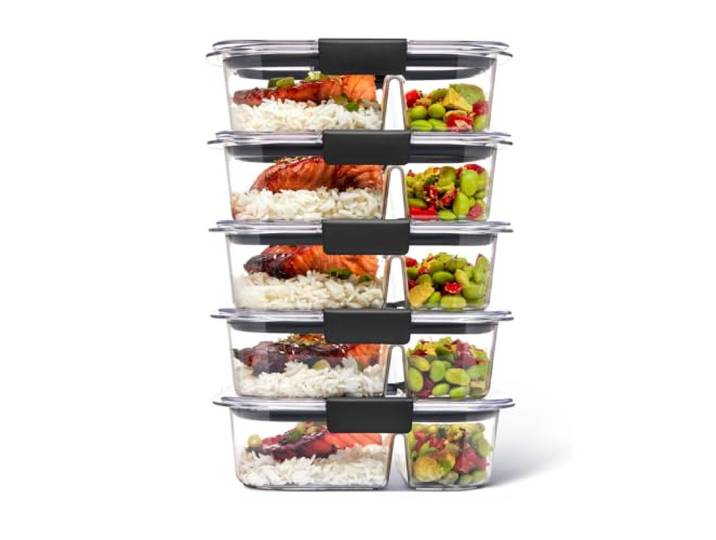 Rubbermaid 5-teilige Brilliance Frischhaltedosen für Mahlzeitenzubereitung mit 2 Fächern und Deckeln, spülmaschinenfest, 2,85 Tassen (675 ml), transparent/grau, 5 Stück (1 Stück)
