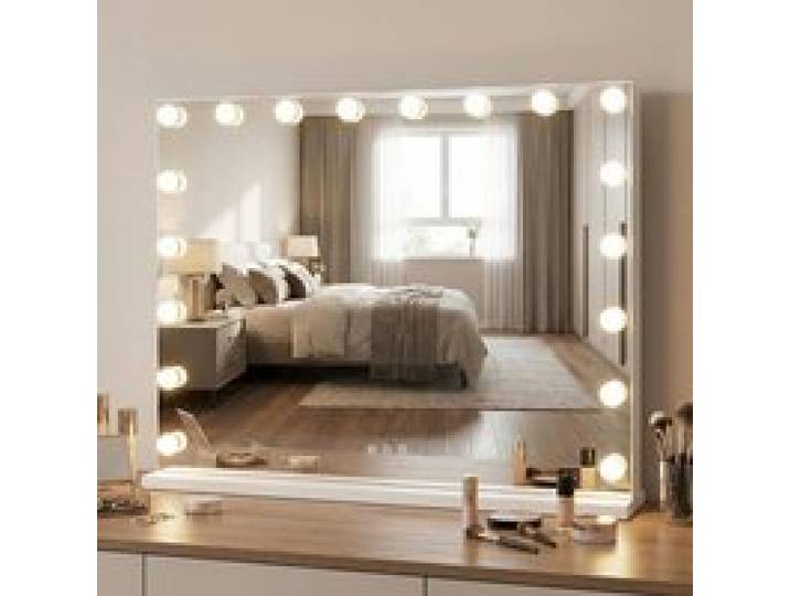 Miroir de Maquillage Hollywood 80 x 60 cm COSTWAY avec 3 Couleurs de Lumière Miroir Éclairé de Table Contrôle Tactile