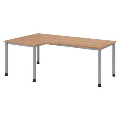 bümö höhenverstellbarer Eckschreibtisch H-Serie 200x120 cm in Nussbaum, Gestell in Silber - Schreibtisch L Form, großer Tisch für's Büro,