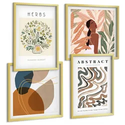 BILDER SET 4er Set - 50x50 cm & 40x60 cm Goldrahmen - Boho-Ästhetik, Pastellposter