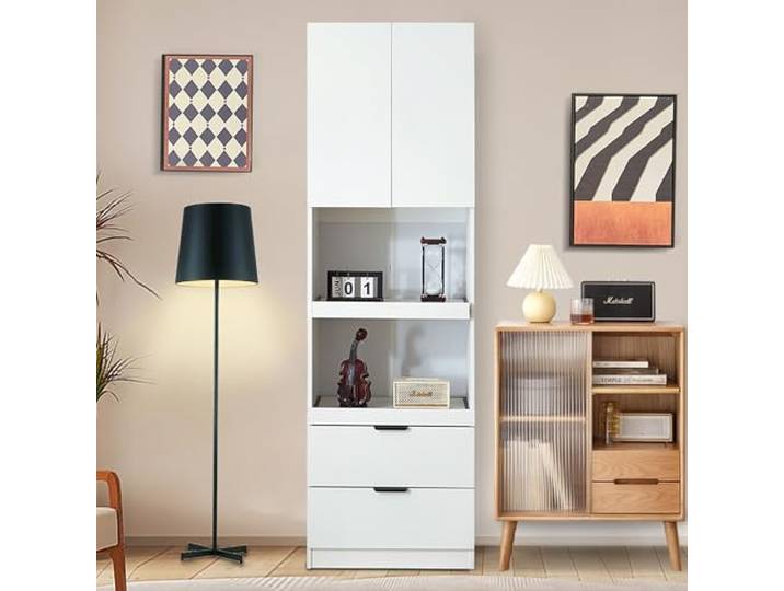 Merax 200cm Hoher Küchenschrank, Mikrowellenschrank, Vorratsschrank mit 2 Offenen Schiebeböden und 2 Schubladen, Sideboard Freistehend Mehrzweckschrank für Esszimmer, Wohnzimmer, Weiß