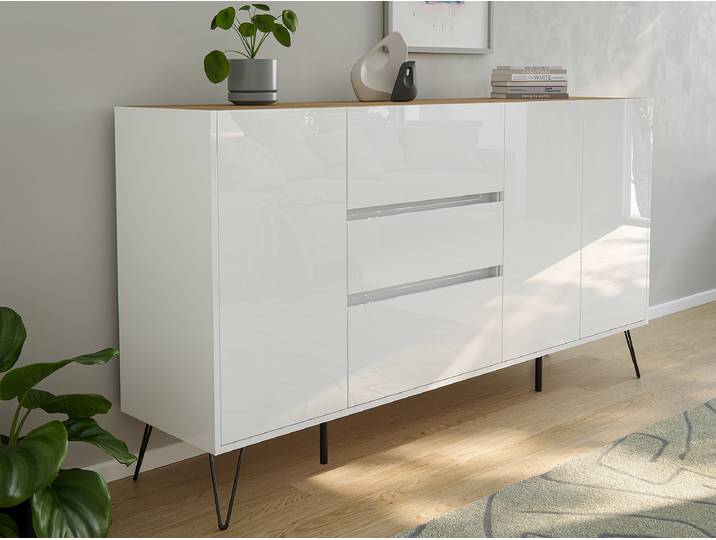 Meuble TV Industrial Panneau aggloméré plaxé Blanc/Blanc brillant/Imitiation chêne 94cm