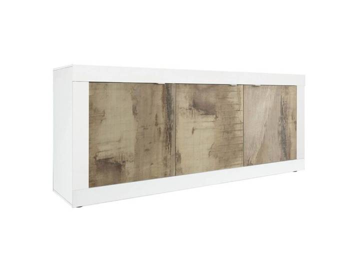 OTELLO - Buffet 3 Portes Finition Blanc Laqué et Aspect Bois Antik