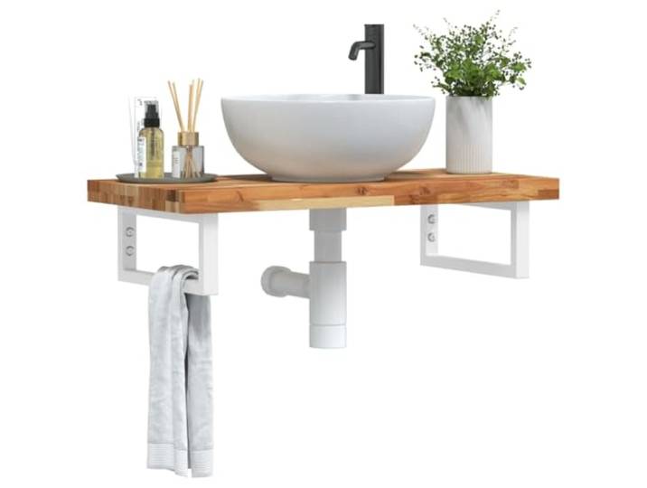KTHLBRH Waschbeckenregal Wandmontage Stahl Akazienholz Schweberegal Massives Akazienholz, Stahlhalterungen, flexible Positionierung, Handtuchaufhängung, moderne Optik